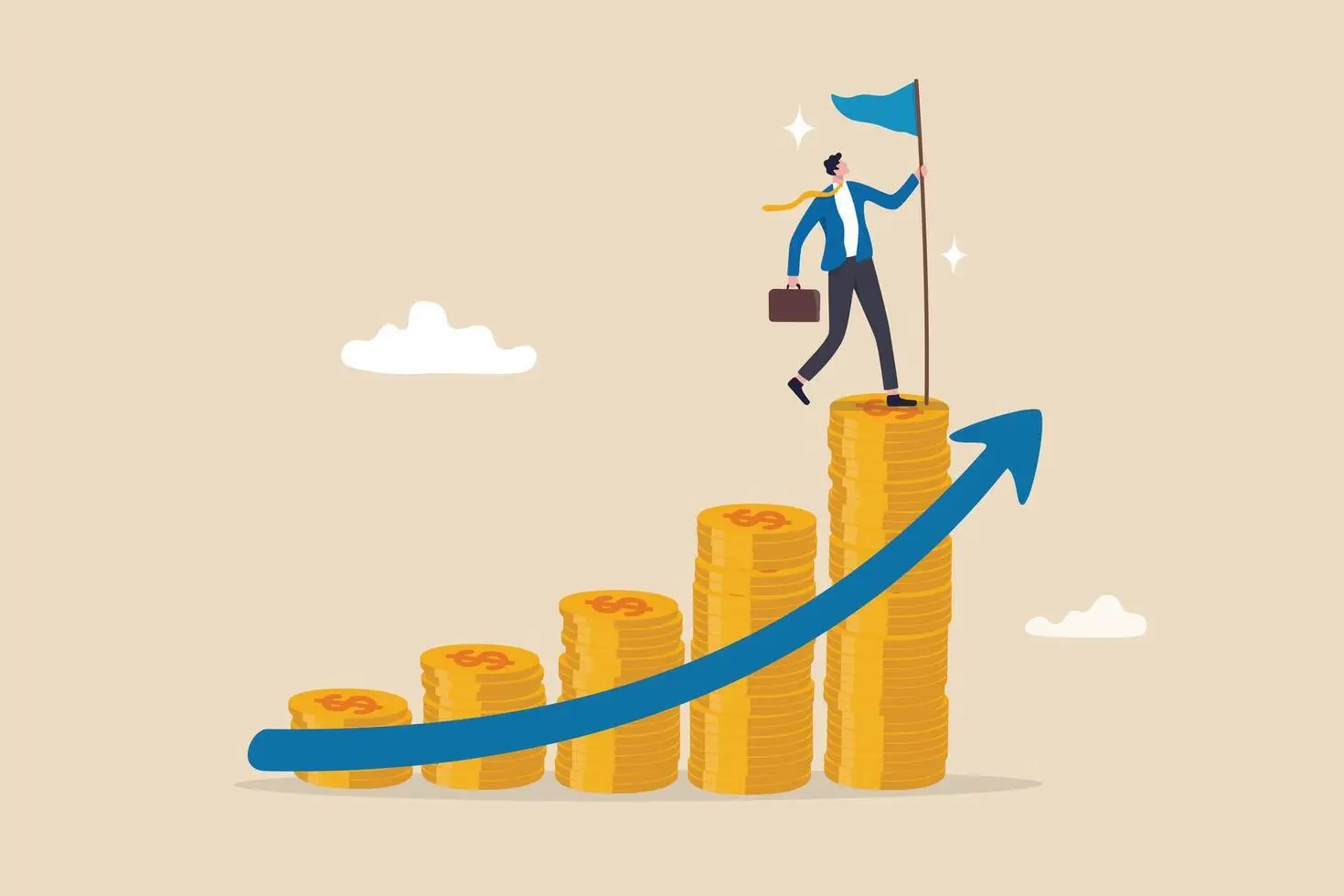 financial-success-profit-or-compound-interest-to-grow-investment-fund-and-reach-goal-income-or-wealth-accumulation-stock-market-earning-concept-businessman-holding-success-flag-on-money-stack-vector